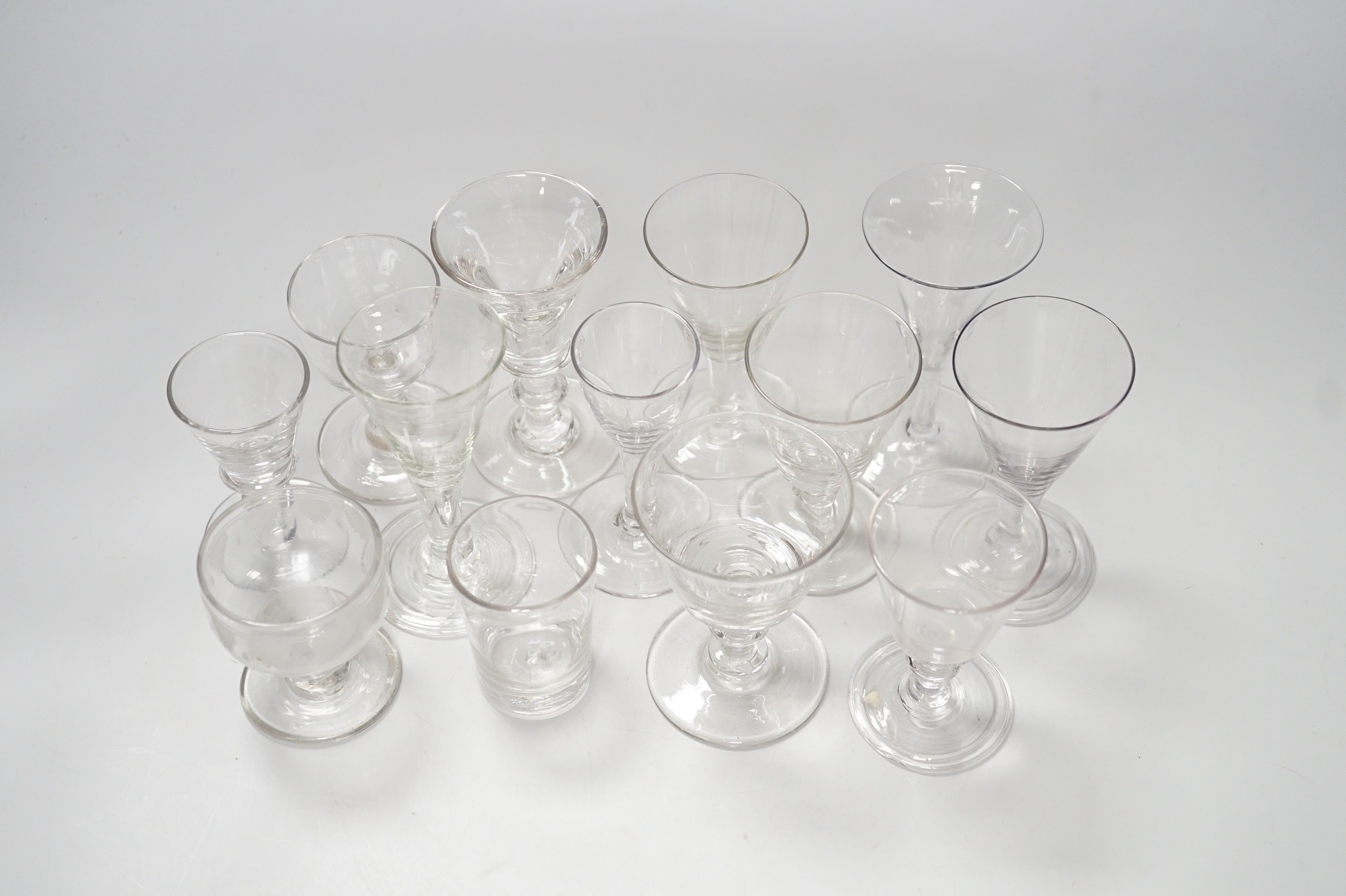 Thirteen various 18th/19th century wine glasses. Tallest 12cm